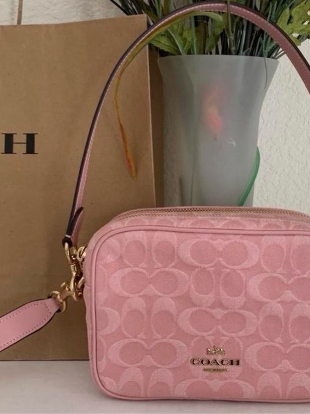 Coach Pink Signature Jacquard Camera Crossbody Bag